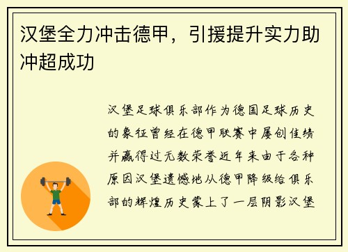 汉堡全力冲击德甲，引援提升实力助冲超成功