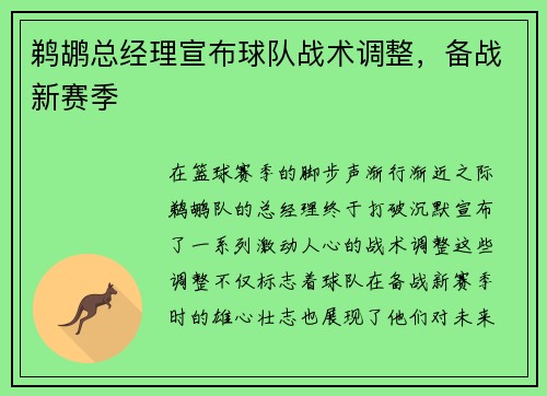 鹈鹕总经理宣布球队战术调整，备战新赛季